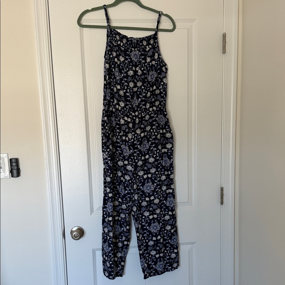 Old Navy Floral Print Navy Wide-Leg Jumpsuit with Spaghetti Straps